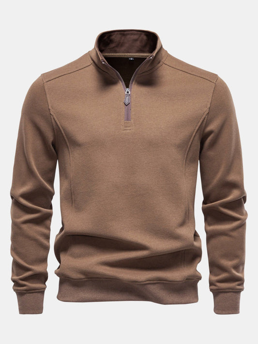 Herren Baumwollmischung Viertel-Reißverschluss Sweatshirt in braun, Stehkragen