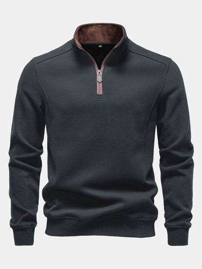 Herren Baumwollmischung Viertel-Reißverschluss Sweatshirt in dunkelgrau, Stehkragen