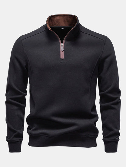 Herren Baumwollmischung Viertel-Reißverschluss Sweatshirt in schwarz, Stehkragen