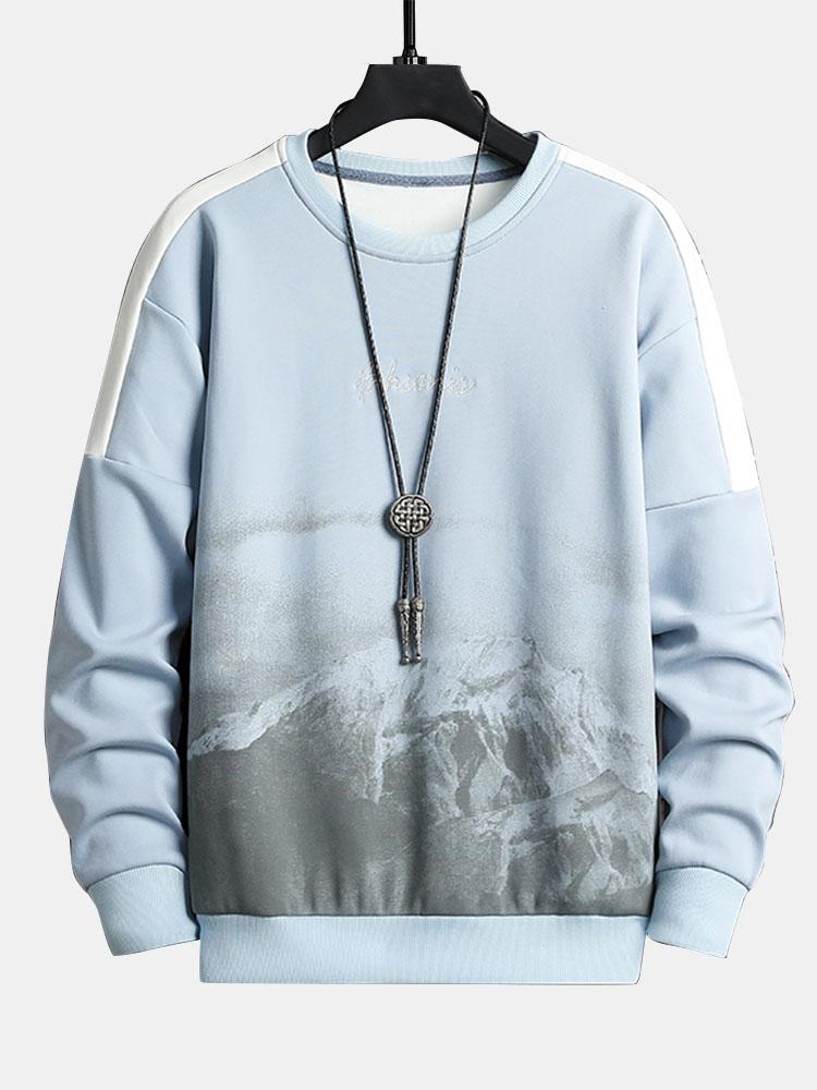 Herren Berglandschaft Grafik Sweatshirt – Relaxed Fit Casual Pullover - Hellblau