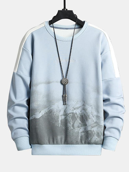 Herren Berglandschaft Grafik Sweatshirt – Relaxed Fit Casual Pullover - Hellblau