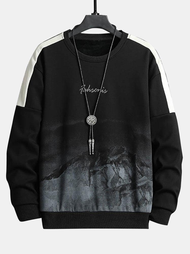 Herren Berglandschaft Grafik Sweatshirt – Relaxed Fit Casual Pullover - Schwarz