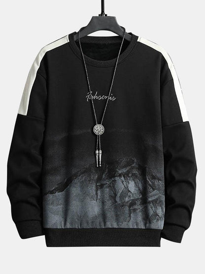 Herren Berglandschaft Grafik Sweatshirt – Relaxed Fit Casual Pullover - Schwarz