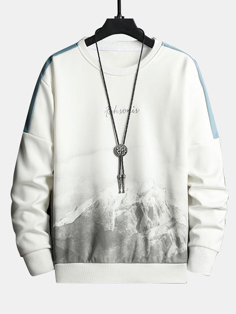 Herren Berglandschaft Grafik Sweatshirt – Relaxed Fit Casual Pullover - Weiß