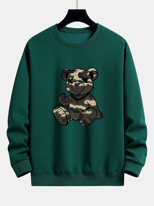 Herren Camouflage Teddy Bär Grafik Sweatshirt in dunkelgrün, Entspannter Schnitt