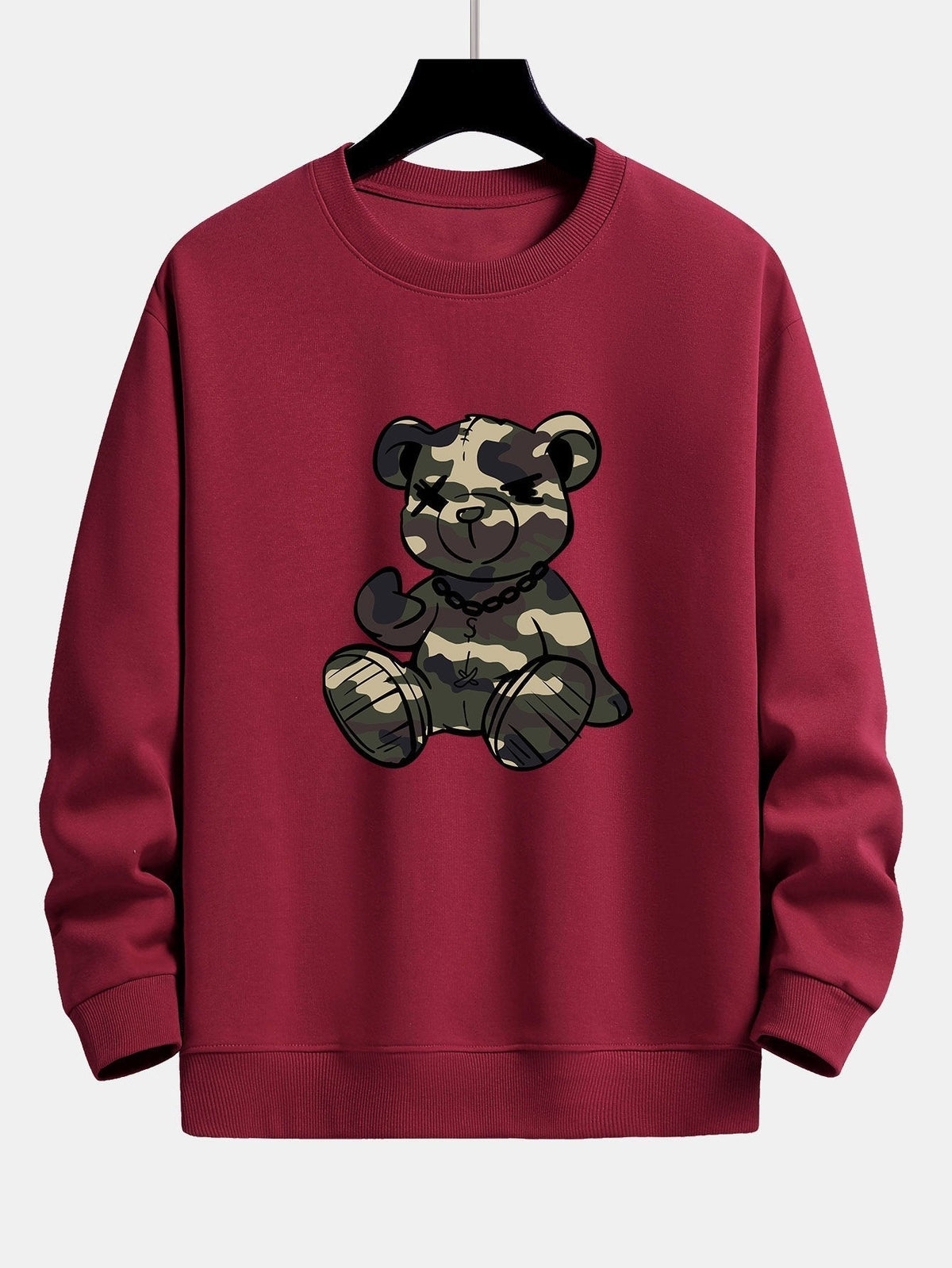 Herren Camouflage Teddy Bär Grafik Sweatshirt in weinrot, Entspannter Schnitt