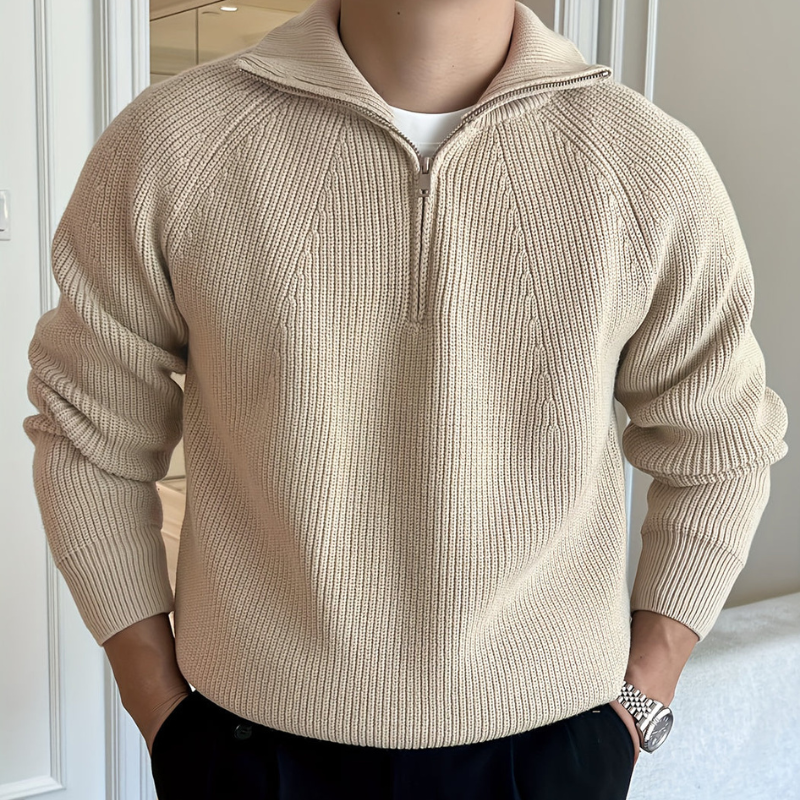 Herren Chunky Knit Pullover mit Half-Zip – Klassisches Design - Khaki