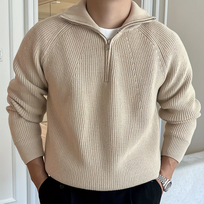 Herren Chunky Knit Pullover mit Half-Zip – Klassisches Design - Khaki