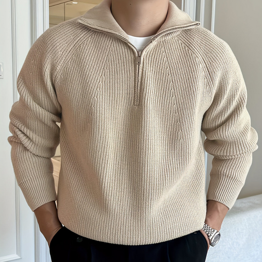 Herren Chunky Knit Pullover mit Half-Zip – Klassisches Design - Khaki