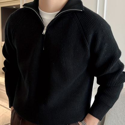 Herren Chunky Knit Pullover mit Half-Zip – Klassisches Design - Schwarz