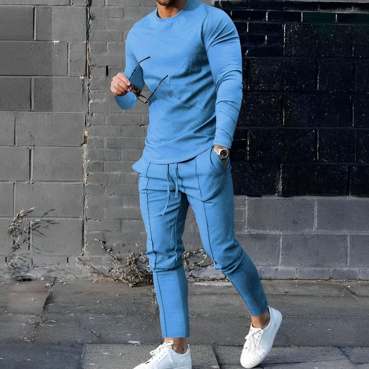 Herren Crew-Neck Sweatshirt und Jogger Set in blau, Klassisches Loungewear Du