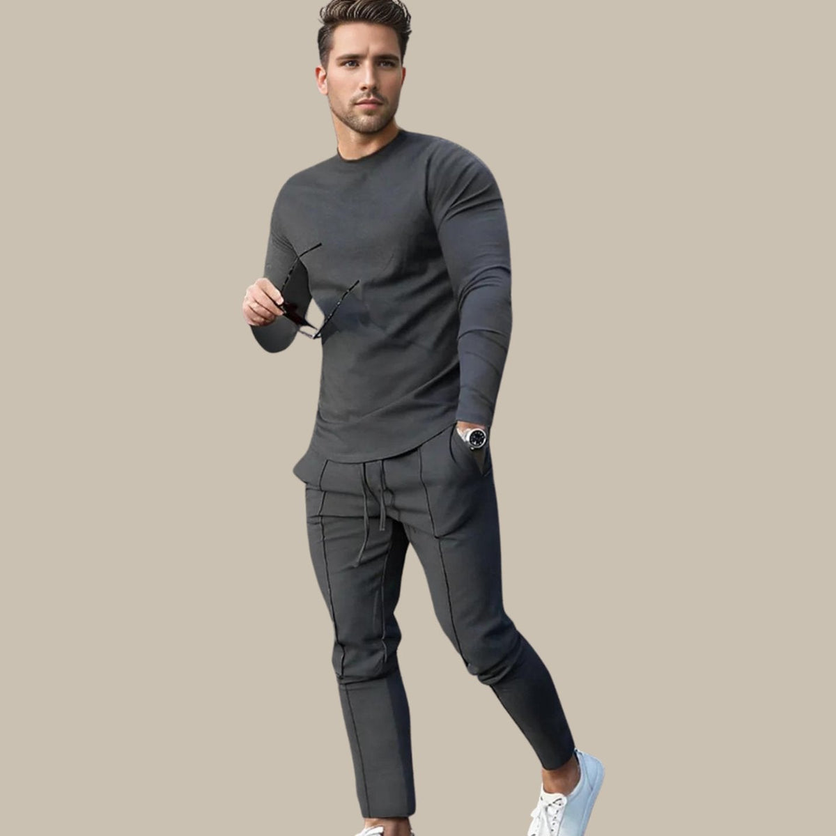 Herren Crew-Neck Sweatshirt und Jogger Set in dunkelgrau, Klassisches Loungewear Du