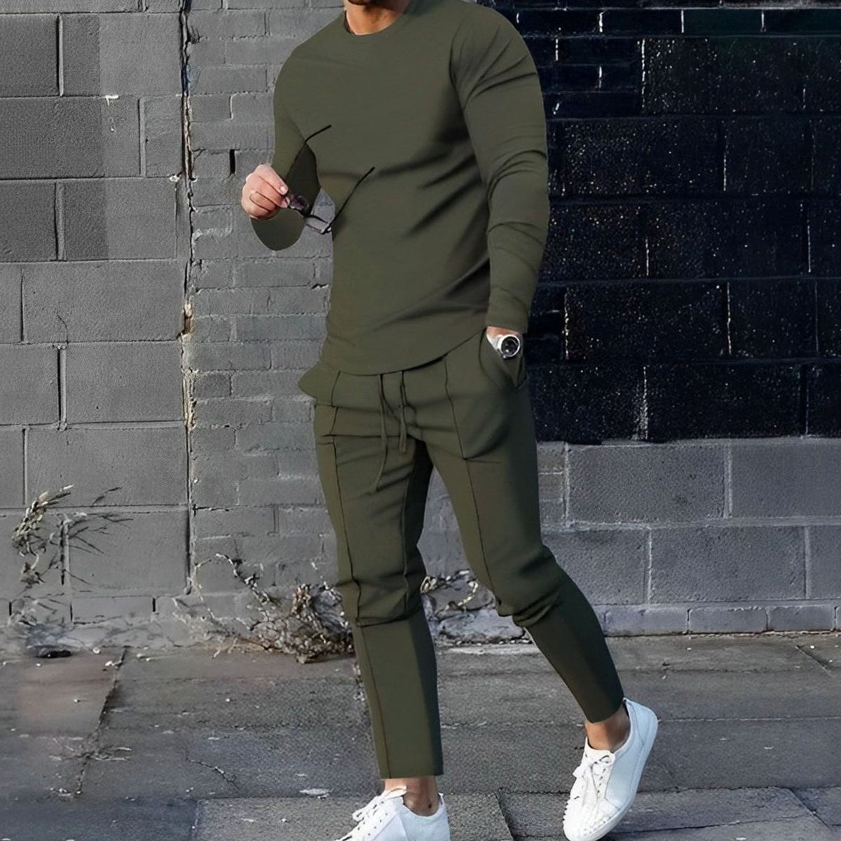 Herren Crew-Neck Sweatshirt und Jogger Set in olivgrün, Klassisches Loungewear Du