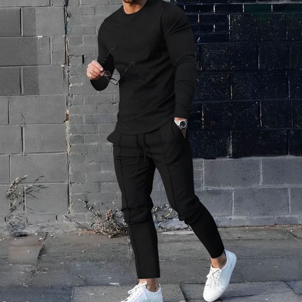 Herren Crew-Neck Sweatshirt und Jogger Set in schwarz, Klassisches Loungewear Du