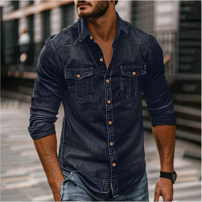 Herren Denim Hemd in dunkelblau, Slim Fit mit Druckknöpfen
