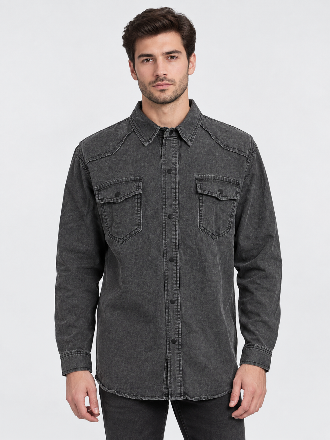 Herren Denim Hemd in schwarz, Slim Fit mit Druckknöpfen