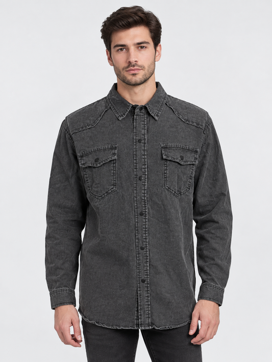 Herren Denim Hemd in schwarz, Slim Fit mit Druckknöpfen