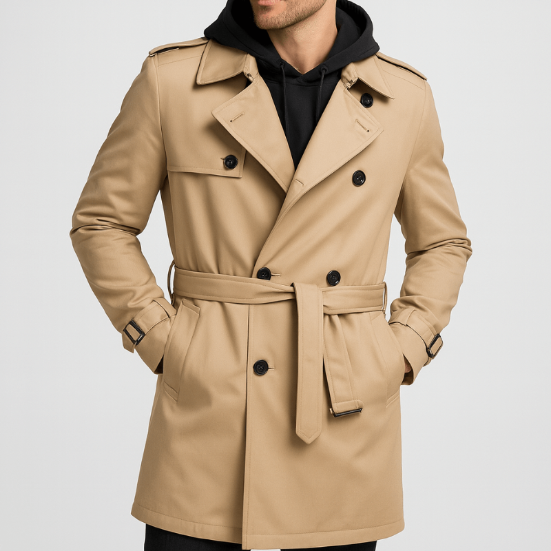 Herren Doppelreiher Trenchcoat - Klassischer Herbstmantel - Khaki