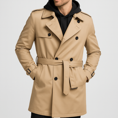 Herren Doppelreiher Trenchcoat - Klassischer Herbstmantel - Khaki