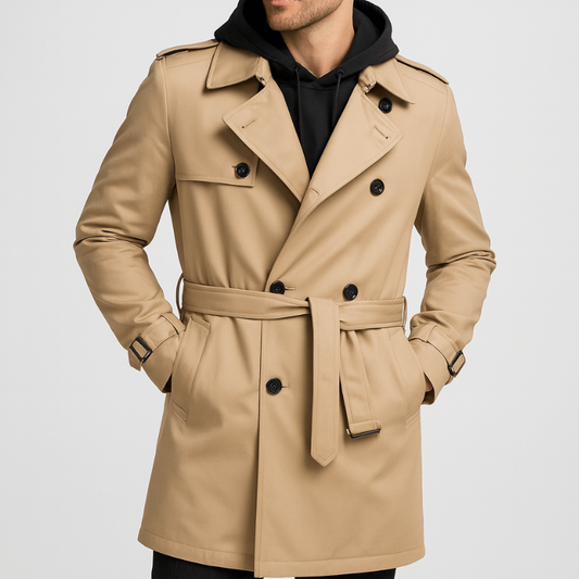 Herren Doppelreiher Trenchcoat - Klassischer Herbstmantel - Khaki