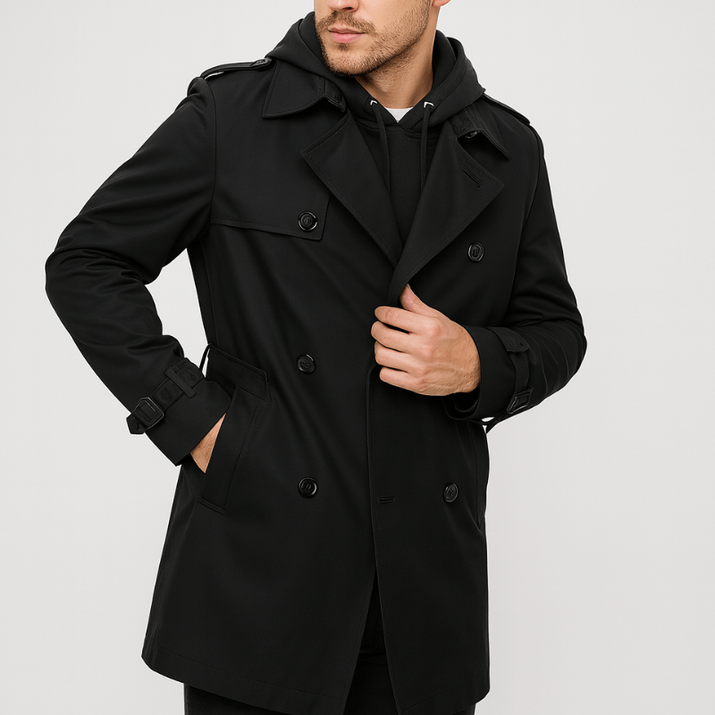 Herren Doppelreiher Trenchcoat - Klassischer Herbstmantel - Schwarz