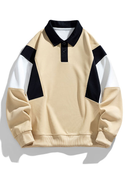 Herren Farbblock Polokragen Sweatshirt – Entspannte Passform - Beige