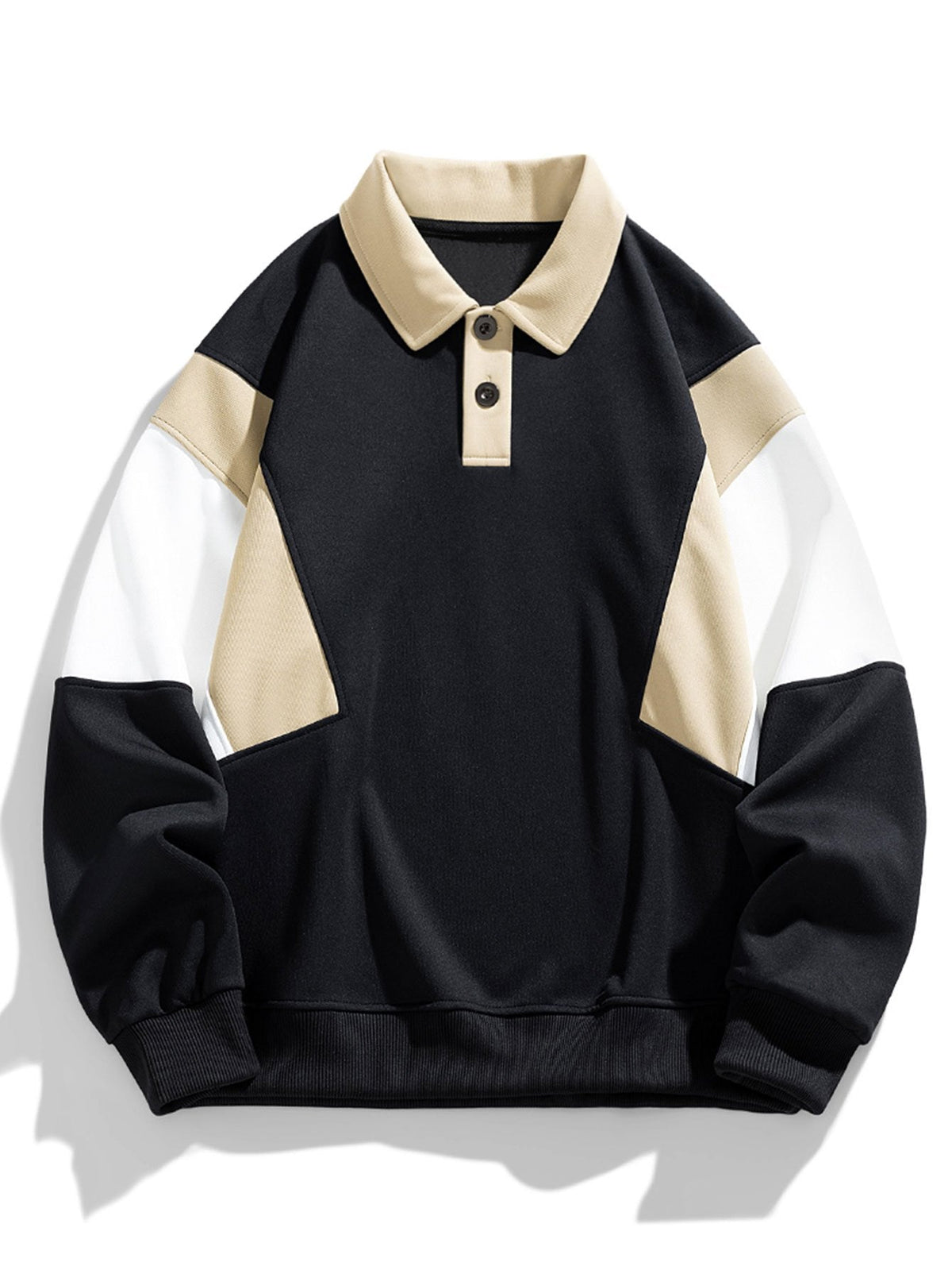 Herren Farbblock Polokragen Sweatshirt – Entspannte Passform - Schwarz