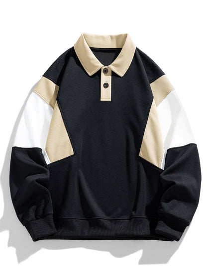 Herren Farbblock Polokragen Sweatshirt – Entspannte Passform - Schwarz