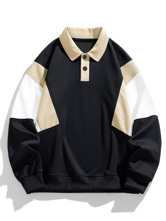 Herren Farbblock Polokragen Sweatshirt – Entspannte Passform - Schwarz