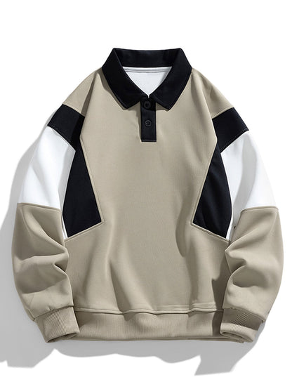 Herren Farbblock Polokragen Sweatshirt – Entspannte Passform - Taupe