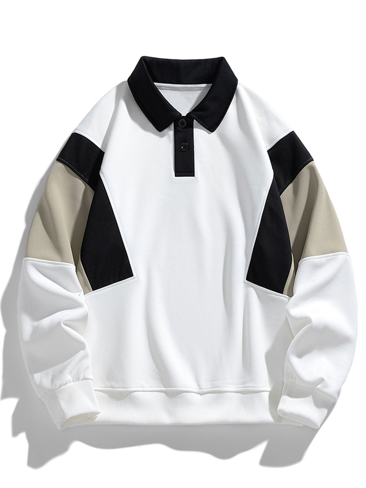 Herren Farbblock Polokragen Sweatshirt – Entspannte Passform - Weiß