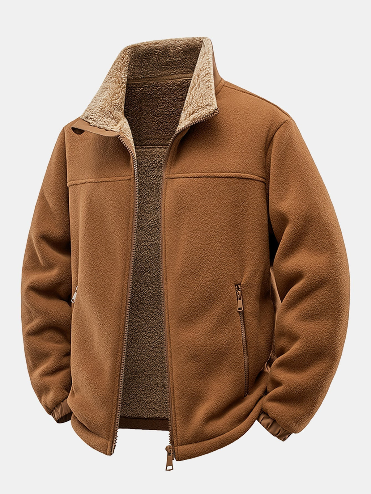 Herren Fleece-Jacke mit Teddyfutter und Stehkragen – Entspannte Passfo - Braun