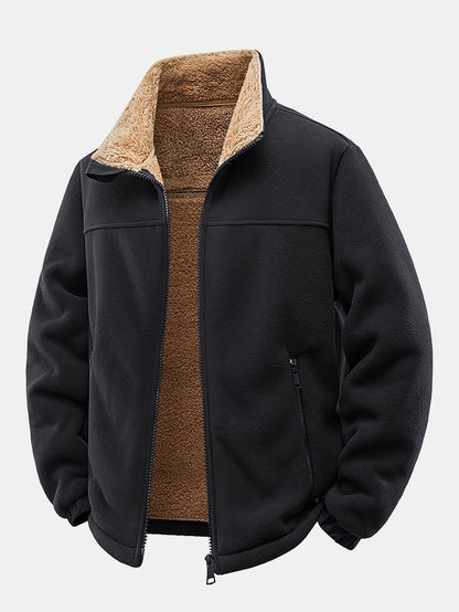Herren Fleece-Jacke mit Teddyfutter und Stehkragen – Entspannte Passfo - Schwarz
