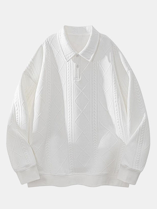 Herren Geometrisches Jacquard Polokragen Sweatshirt in weiß, Strukturierter D