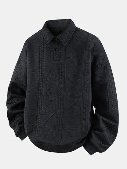 Herren Geometrisches Jacquard Polokragen Sweatshirt in schwarz, Strukturierter P