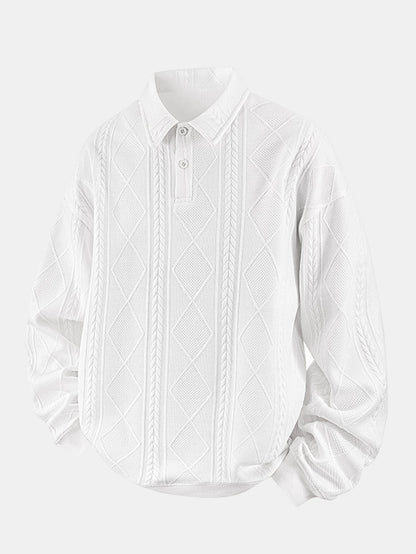 Herren Geometrisches Jacquard Polokragen Sweatshirt in weiß, Strukturierter P
