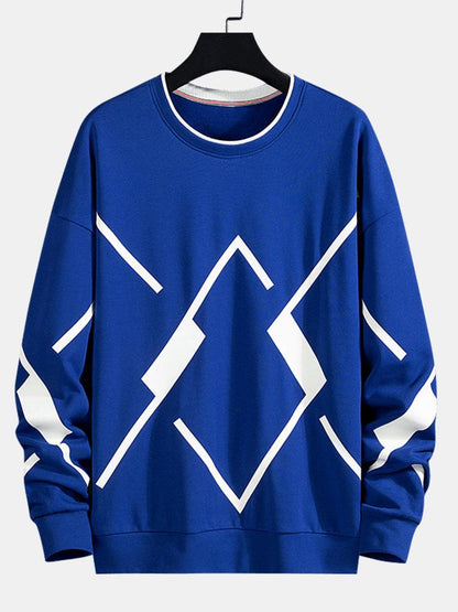 Herren Geometrisches Muster Sweatshirt – Relaxed Fit Rundhals - Blau