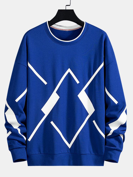 Herren Geometrisches Muster Sweatshirt – Relaxed Fit Rundhals - Blau