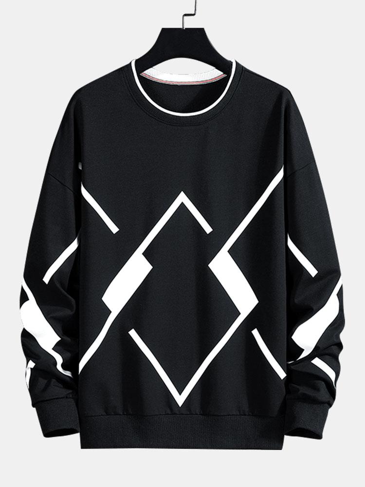Herren Geometrisches Muster Sweatshirt – Relaxed Fit Rundhals - Schwarz