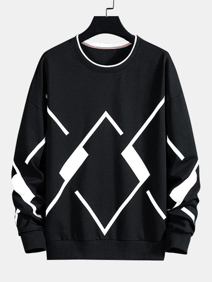 Herren Geometrisches Muster Sweatshirt – Relaxed Fit Rundhals - Schwarz