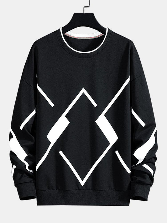 Herren Geometrisches Muster Sweatshirt – Relaxed Fit Rundhals - Schwarz