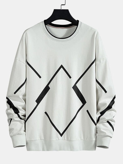 Herren Geometrisches Muster Sweatshirt – Relaxed Fit Rundhals - Weiß