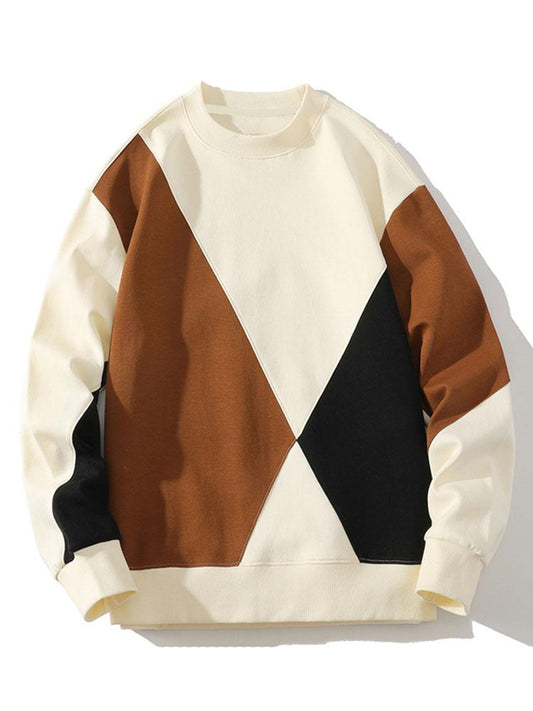 Herren Geometrisches Patchwork Sweatshirt – Relaxed Fit Pullover - Beige