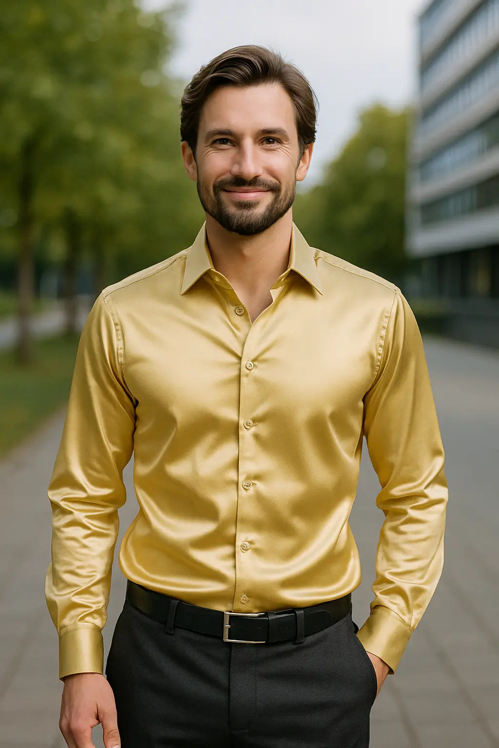 Herren Hemd Slim Fit Lange Mouwen in gold, Eleganter Glanz