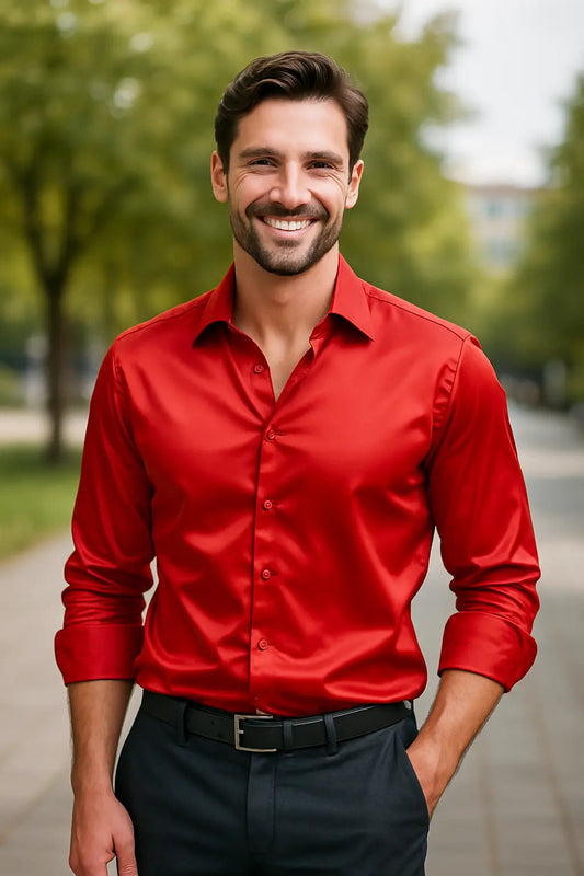Herren Hemd Slim Fit Lange Mouwen in rot, Eleganter Glanz