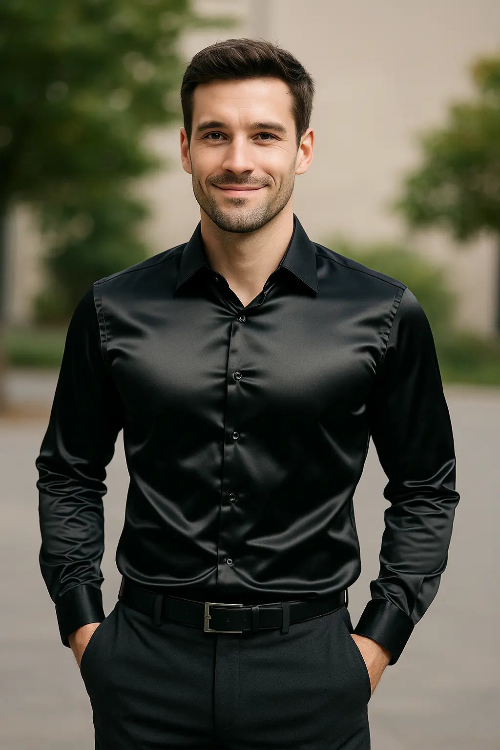 Herren Hemd Slim Fit Lange Mouwen in schwarz, Eleganter Glanz