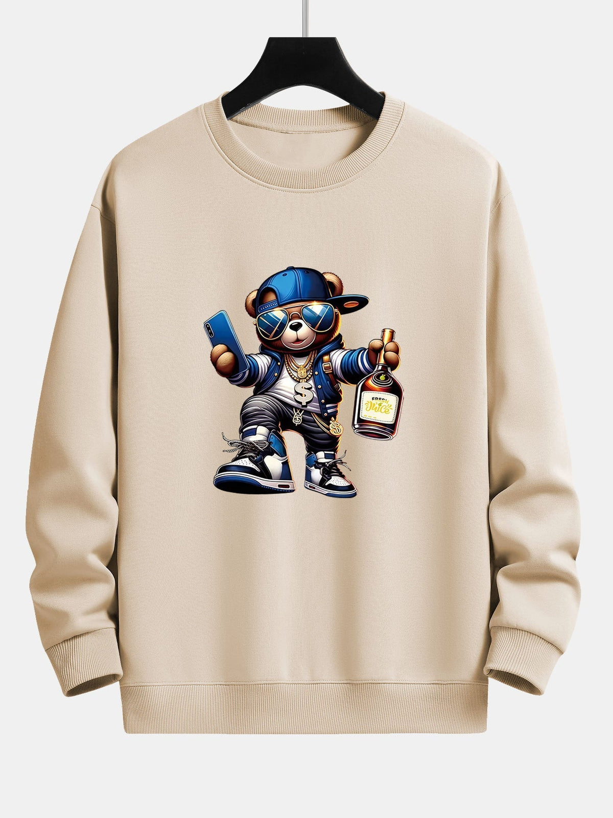 Herren Hip-Hop Teddy Grafik Sweatshirt – Relaxed Fit Streetwear - Beige