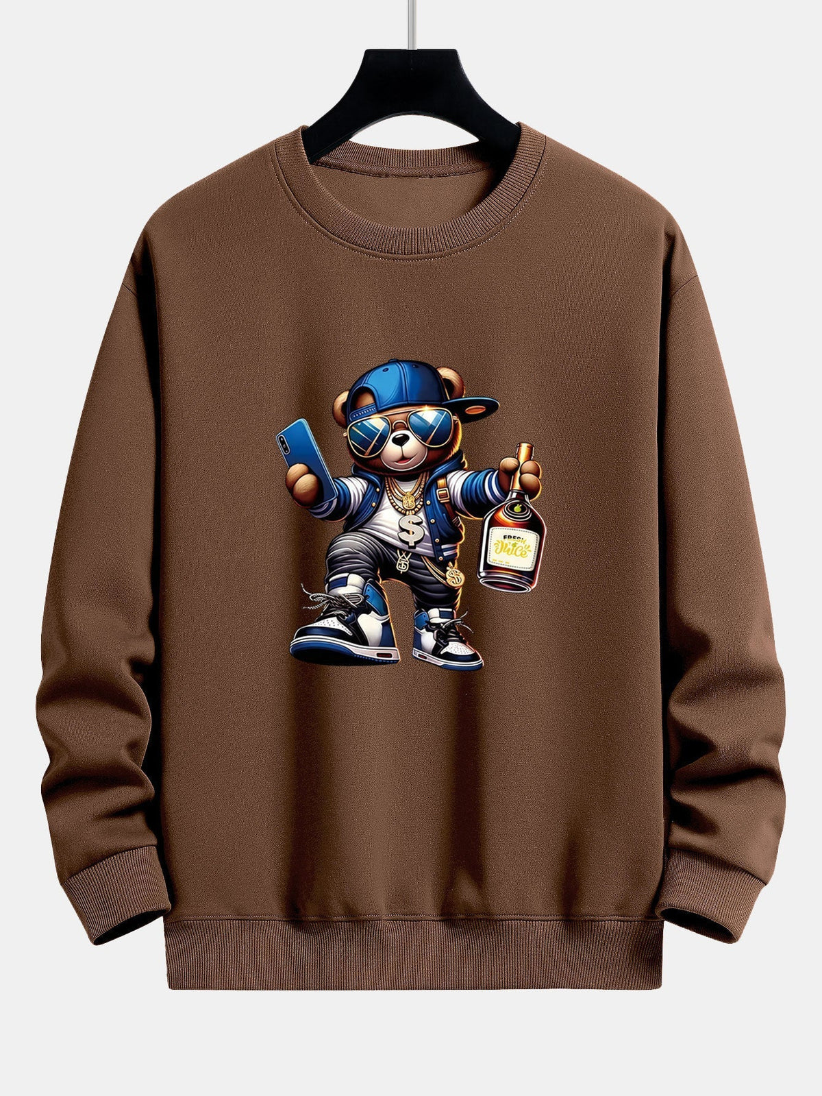 Herren Hip-Hop Teddy Grafik Sweatshirt – Relaxed Fit Streetwear - Dunkelbraun