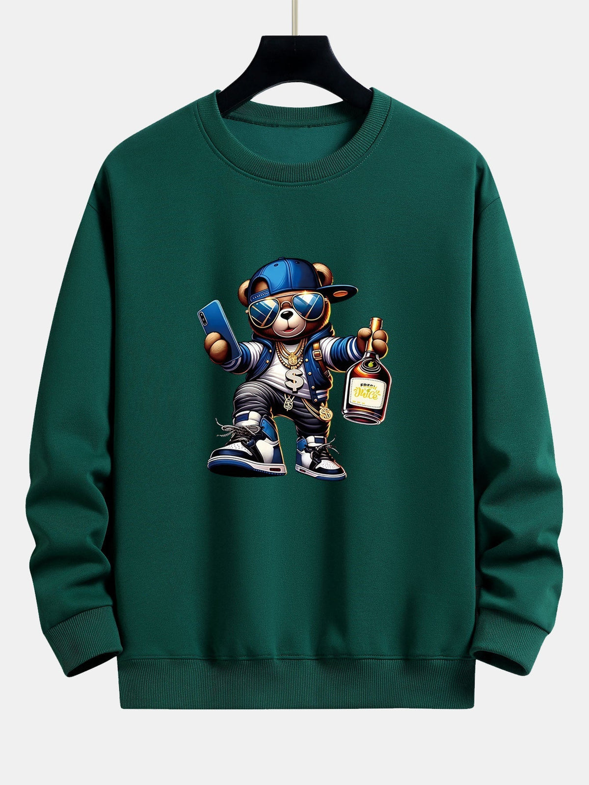 Herren Hip-Hop Teddy Grafik Sweatshirt – Relaxed Fit Streetwear - Dunkelgrün