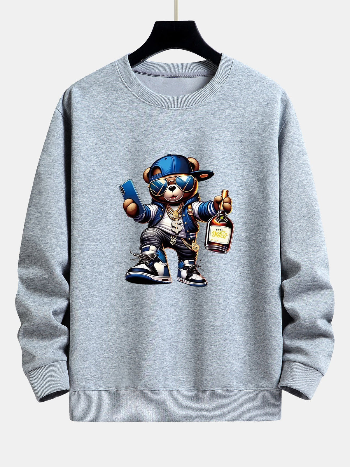 Herren Hip-Hop Teddy Grafik Sweatshirt – Relaxed Fit Streetwear - Grau